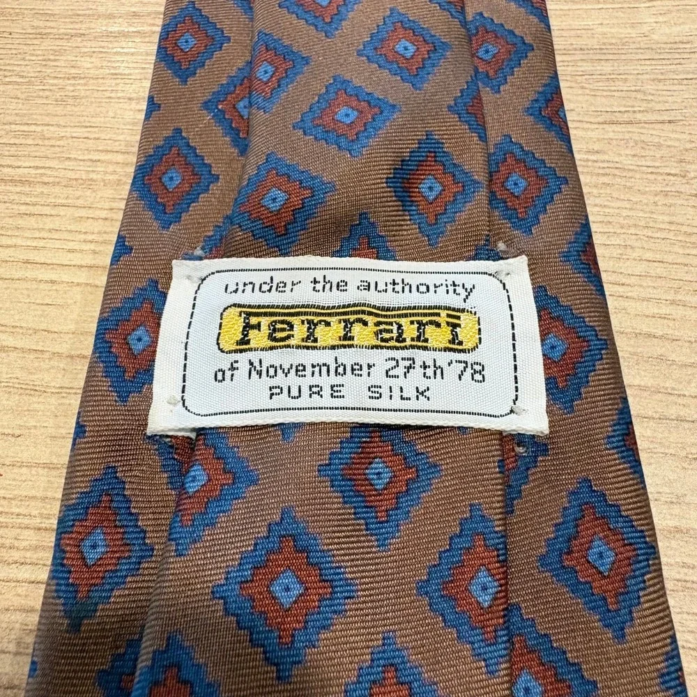 Ferrari Vintage Pure Silk Tie Brown Geometric Diamond Pattern Mens Necktie 1978